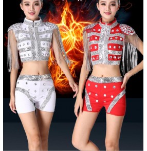 White red sequins rhinestones girls women's sexy fashion stage performance jazz singer hip hop dance costumes outfits